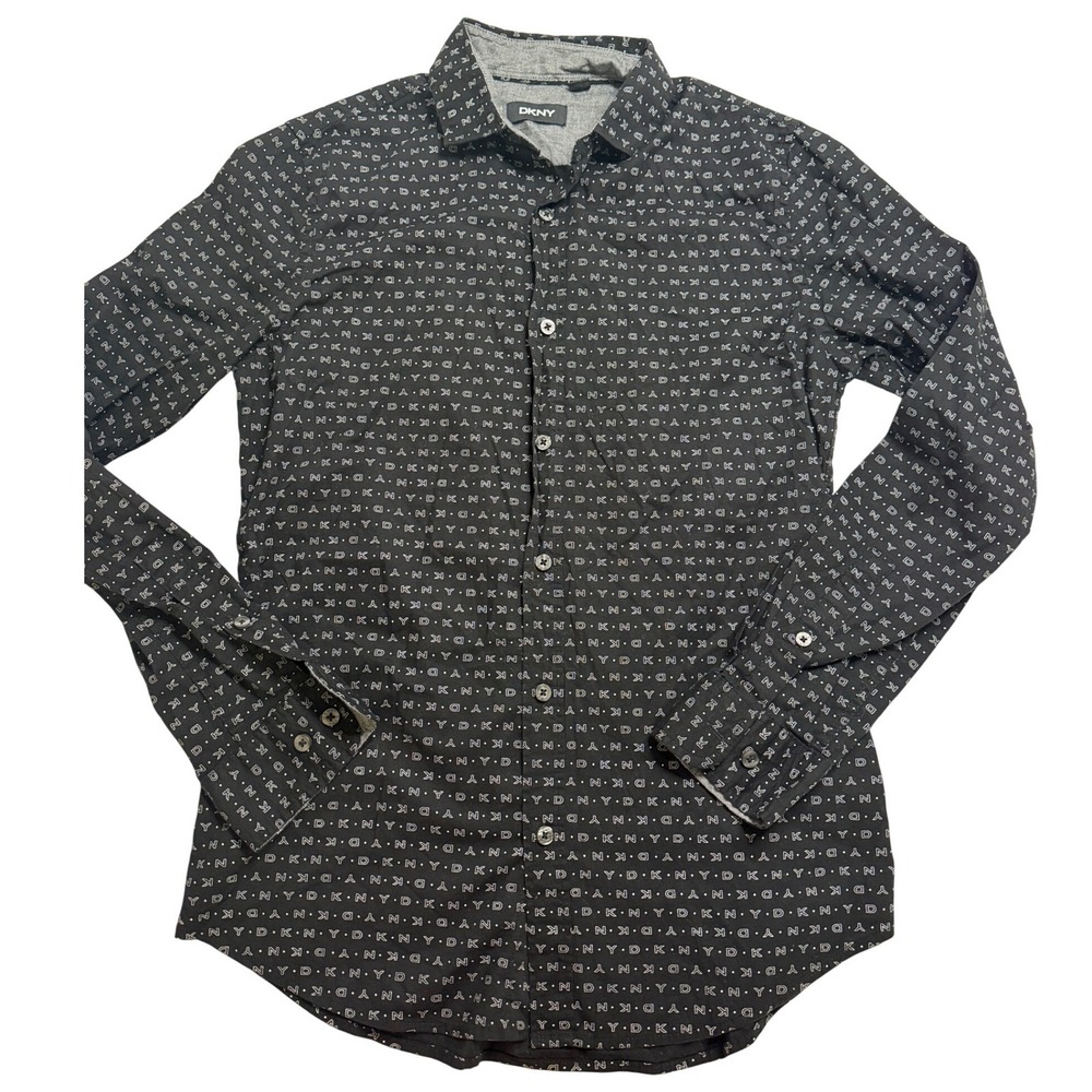 DKNY Mens Small Black Logo Print Button Down Shirt Long Sleeve Cotton Stretch
